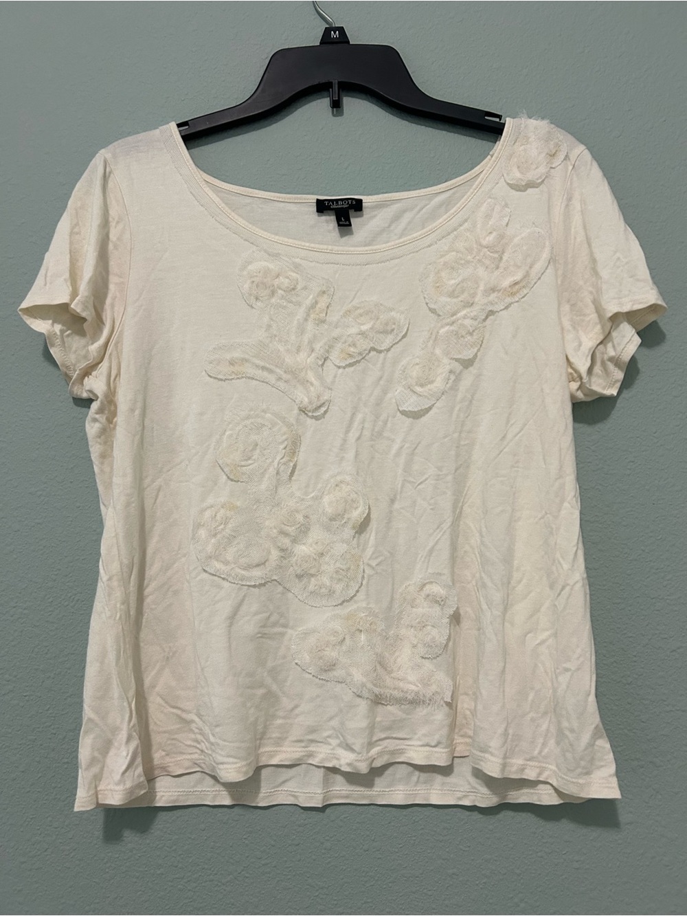 Talbots Cream Short-Sleeve Tee with Floral Appliqué